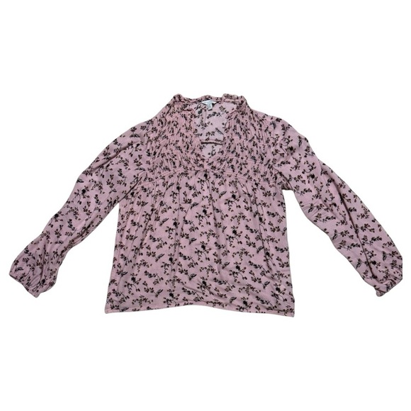 Lucky Brand Pink and Black Floral V-Neck Top with Flowing Sleeves Size S - Picture 1 of 12